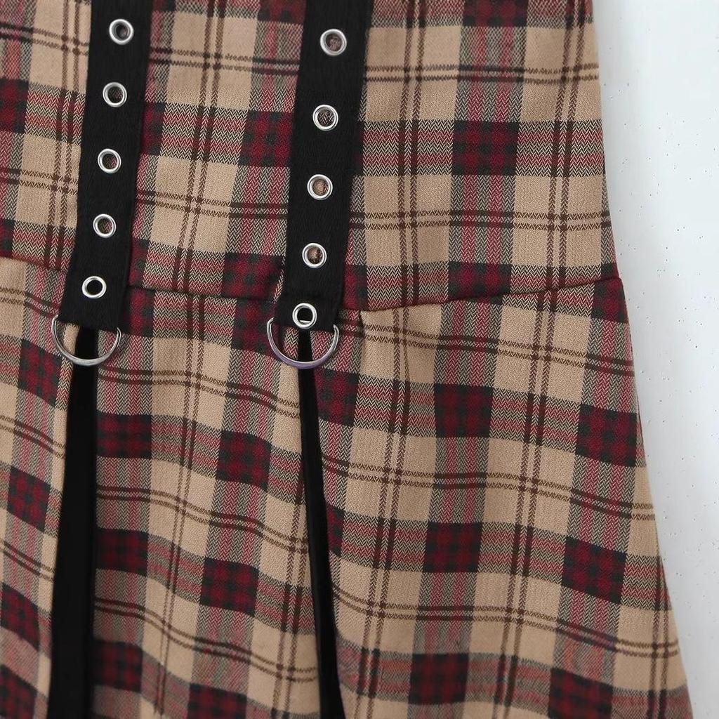 2025 Spring Women's European & American Plaid Punk Rock Sling Dress