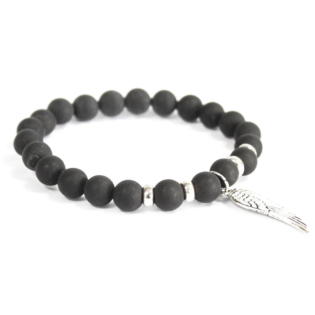 Black Agate Crystal Bracelet With Angel Wing Charm