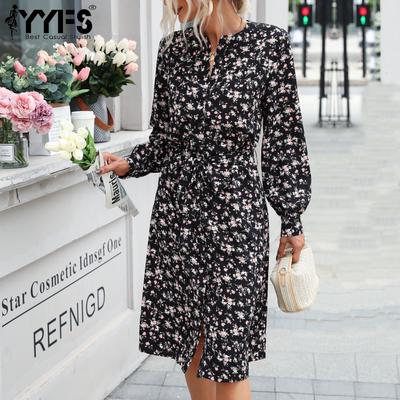 Damenmode Sommer Frühling Blumendruck Langarm O-Ausschnitt Hohe Taille Freizeitkleider