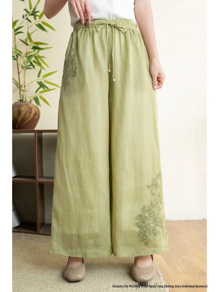 2026 Sommer Damen bestickte Leinen-Hose mit weitem Bein und Kordelzug