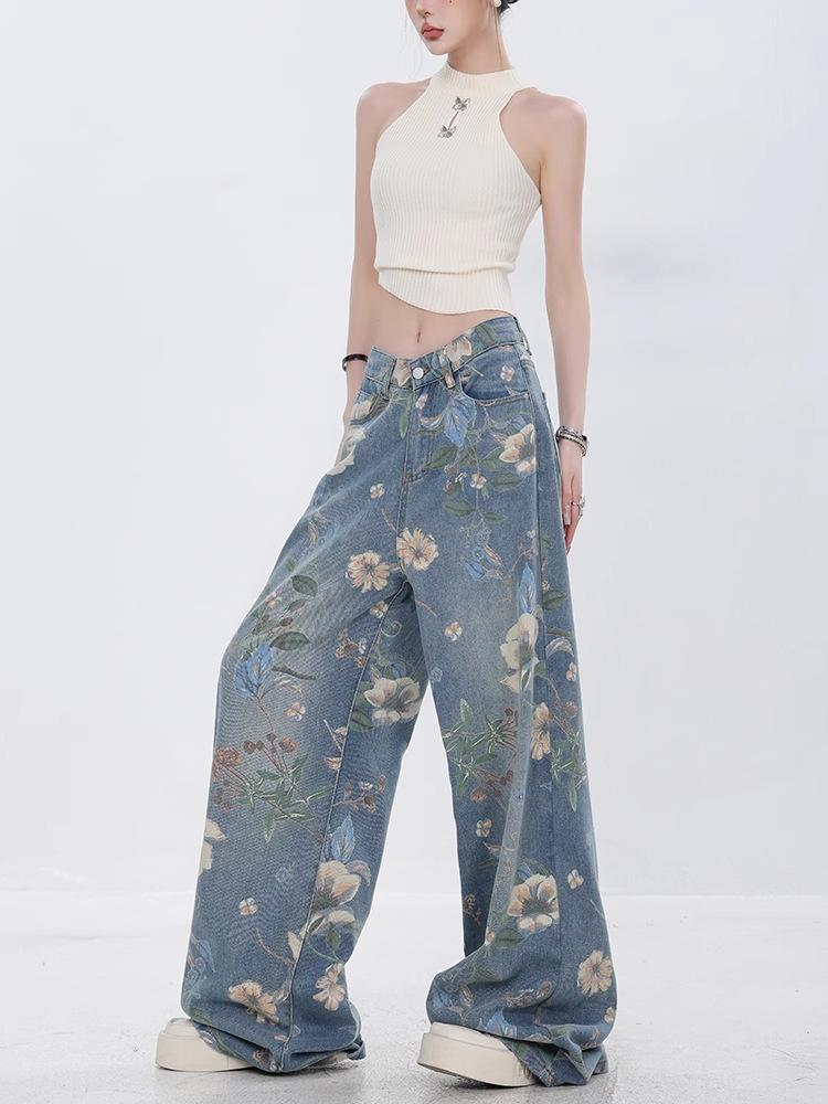 Printed Denim Jeans, Loose Fit, Versatile Wide-leg Pants