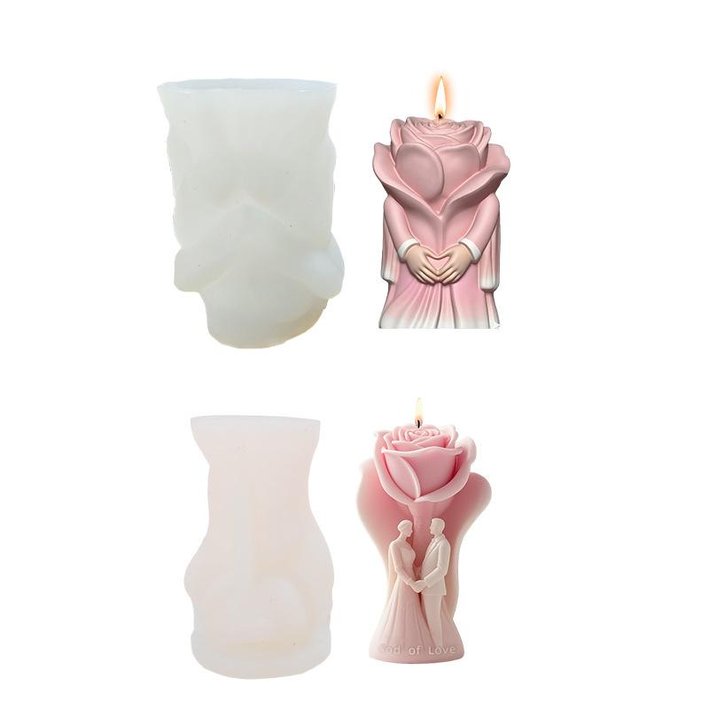 Rose Bride Groom Sculpture Scented Candle Silicone Mould 3D Flower Hand Love Drip Glue Resin Molds DIY Romantic Wedding Souvenir