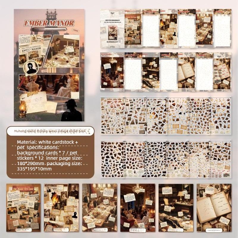 19-Sheet Pack of Dual-Material Detective-Themed Sticker Book Mujin Manor Series Retro Puzzle-Themed Background Stickers about335*195mm per sheet