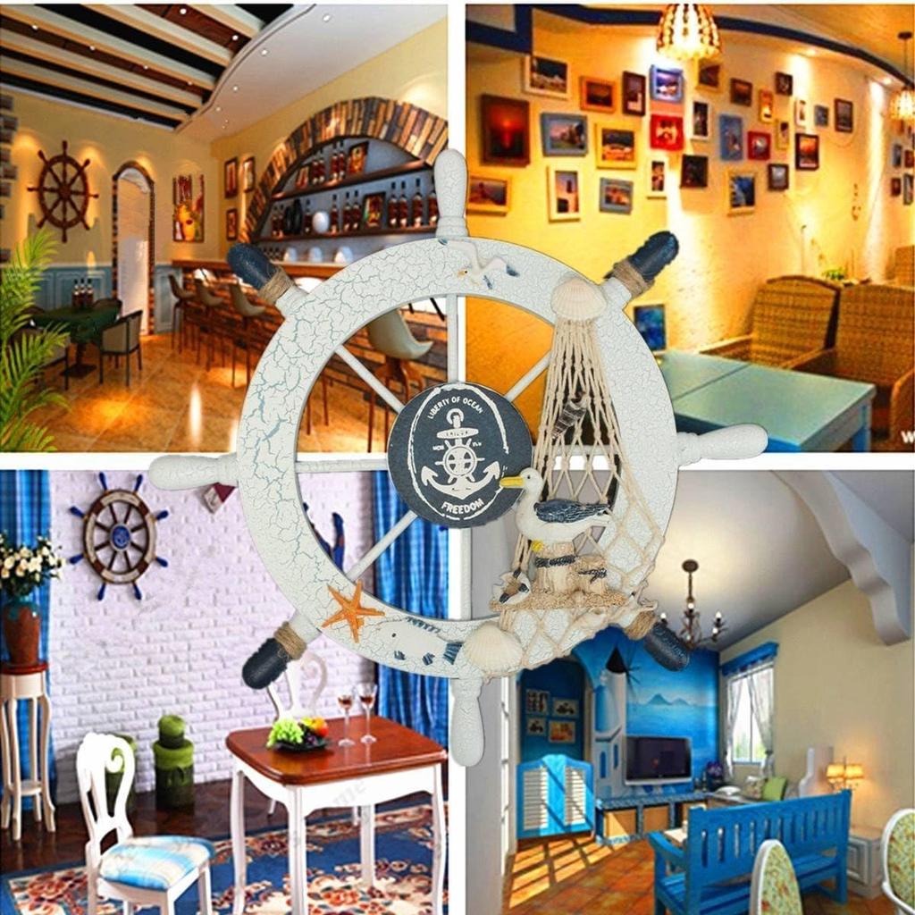 Rosenice Wooden Ship Wheel Nautical Boat Ship Wheel Wall Decor Dark Blue