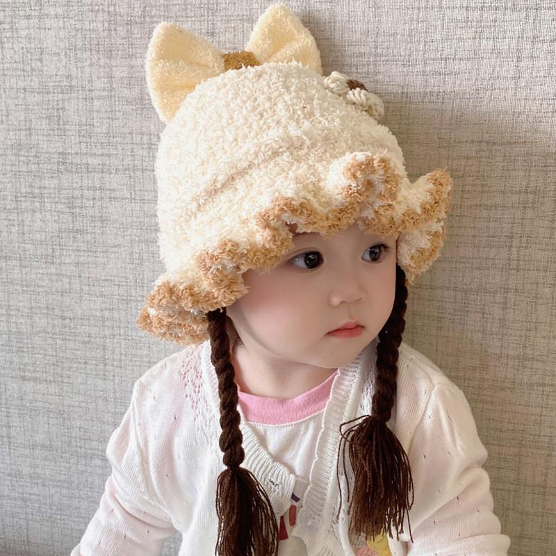 

Cozy Baby Girl Knit Hat With Faux Hair Braids Winter Apparel For Toddlers бежевий