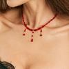 Salircon Vintage Red Blood Pattern Imitation Pearl Tassel Pendant Necklace for Women Goth Crystal Bead Chain Halloween Jewelry