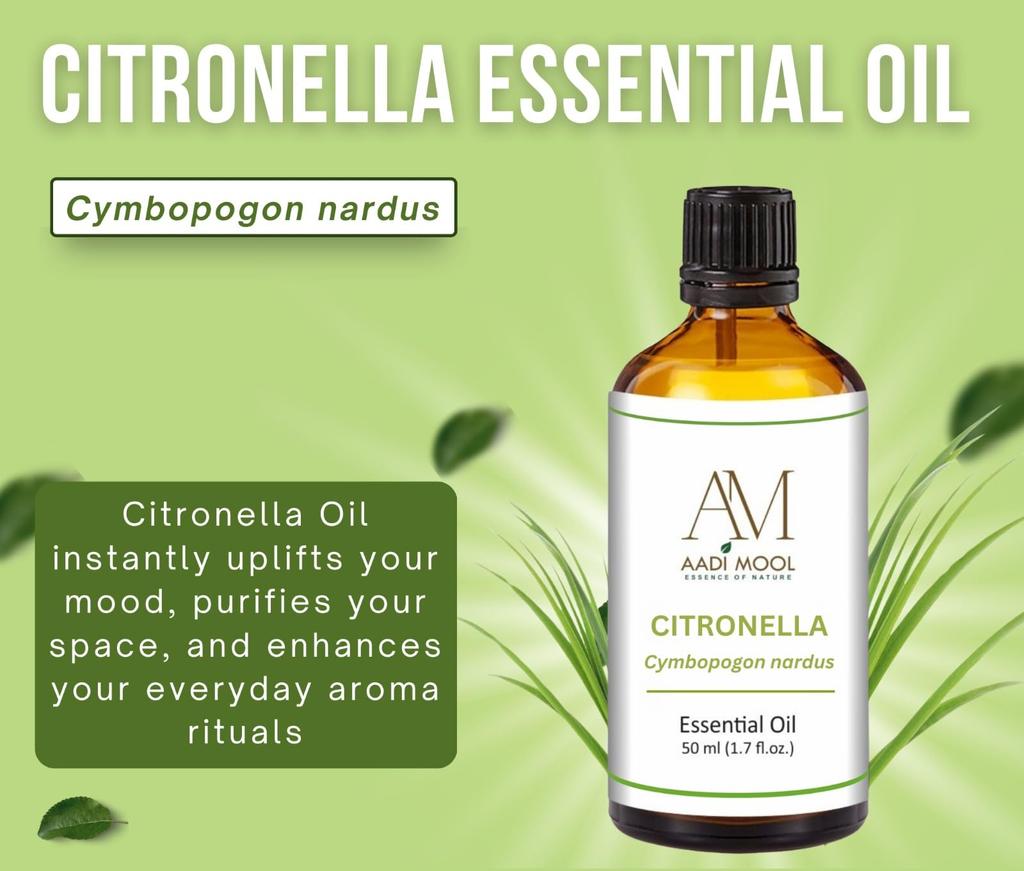 Aadi Mool Citronella Oil for Diffuser, Home & Skin Care | Citronella Essential Oil for Aromatherapy, Massage & Outdoor Use | Citronella Oil for F