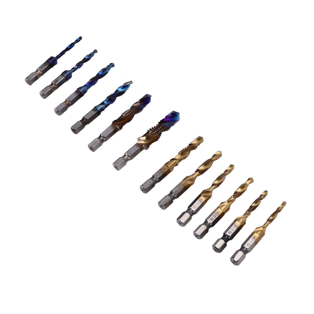 12Pcs Combined Tap Drill Bit Set HSS Metric Blue Plating Imperial Ti Plated 14in Hex Shank