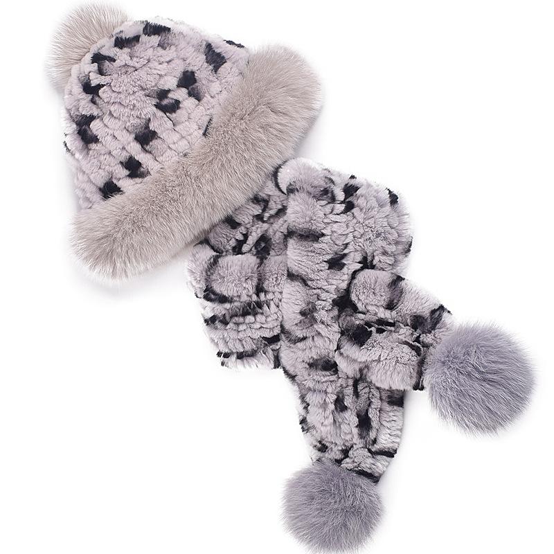 Women's winter warm two-piece scarf hat set, Rex rabbit wool thread thickened fur straw hat real hair scarf