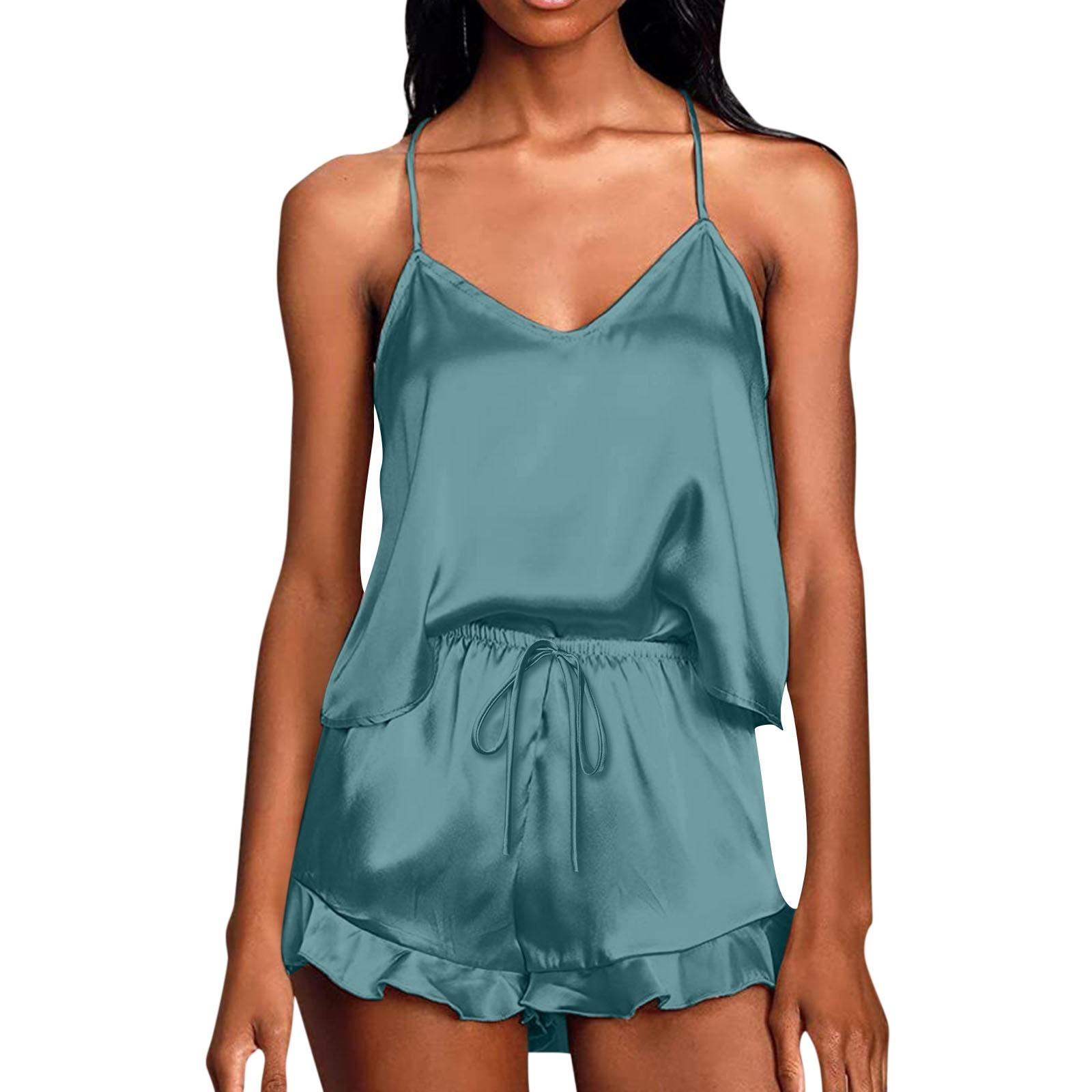 

Пижама для женщин комплект из атласа 2 предмета шелковый топ и шорты повседневная мода с оборками мягкая одежда для сна S зелёный