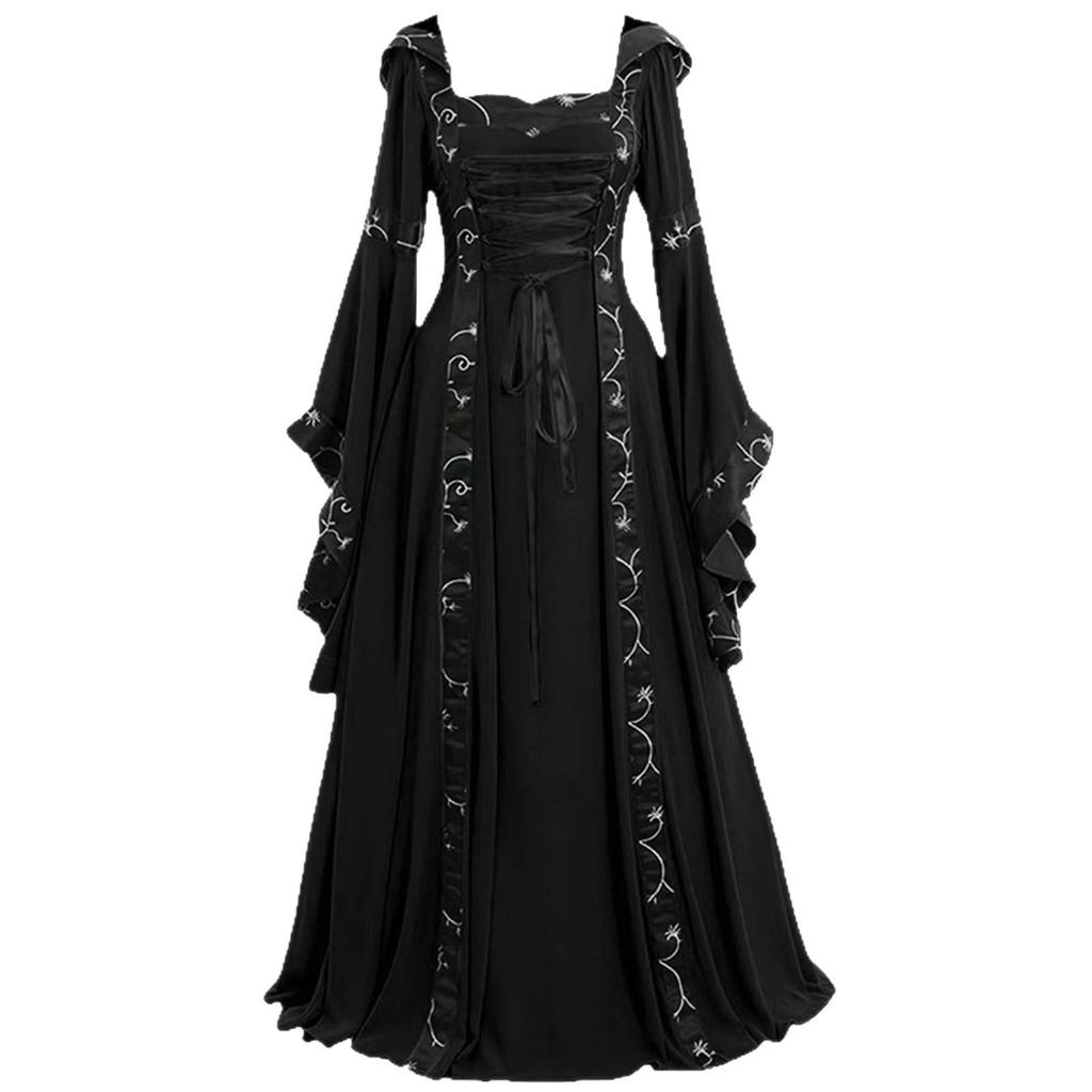 Vintage Lace-up Bell Sleeve Dress - Retro Style Women's Halloween Costume
