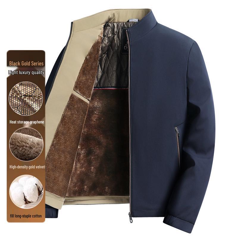 Herren Schwarz-Gold Baumwollgepolsterte Jacke mit Stehkragen und Samt-Graphen-Futter
