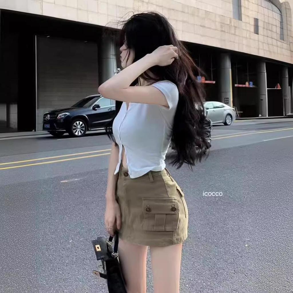 2024 Khaki Spicy Girl A-line Denim Workwear Midi Skirt - Women's Summer Bodycon with Pockets