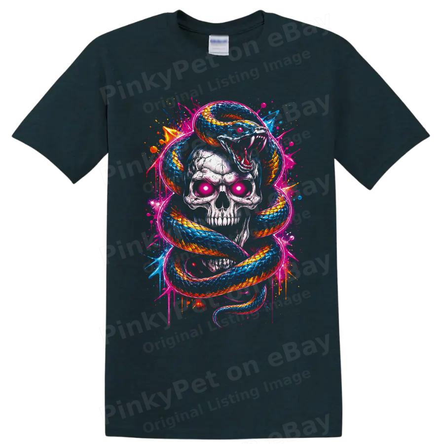 Totenkopf Schlange Neon Gothic Horror T-Shirt mit lebendigem Graffiti-Kunst-Grafik-T-Shirt-Druck