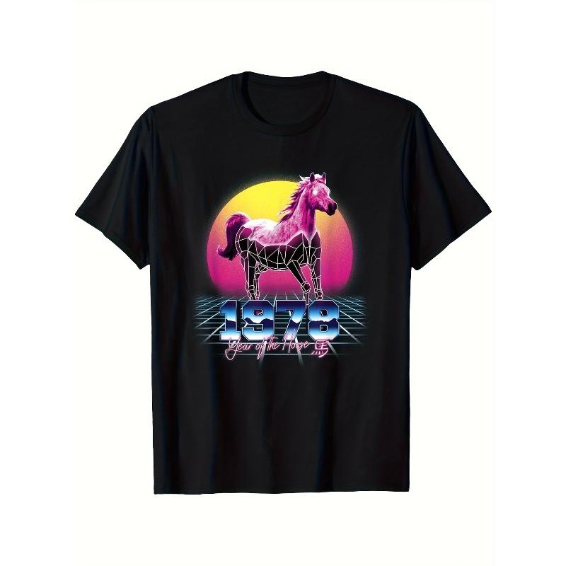 European Size Year of The Horse Chinese Zodiac T-Shirt - Retro Neon Vaporwave Graphic Print, Black Crew Neck Vintage 70s Inspired Tee for Women S чёрный