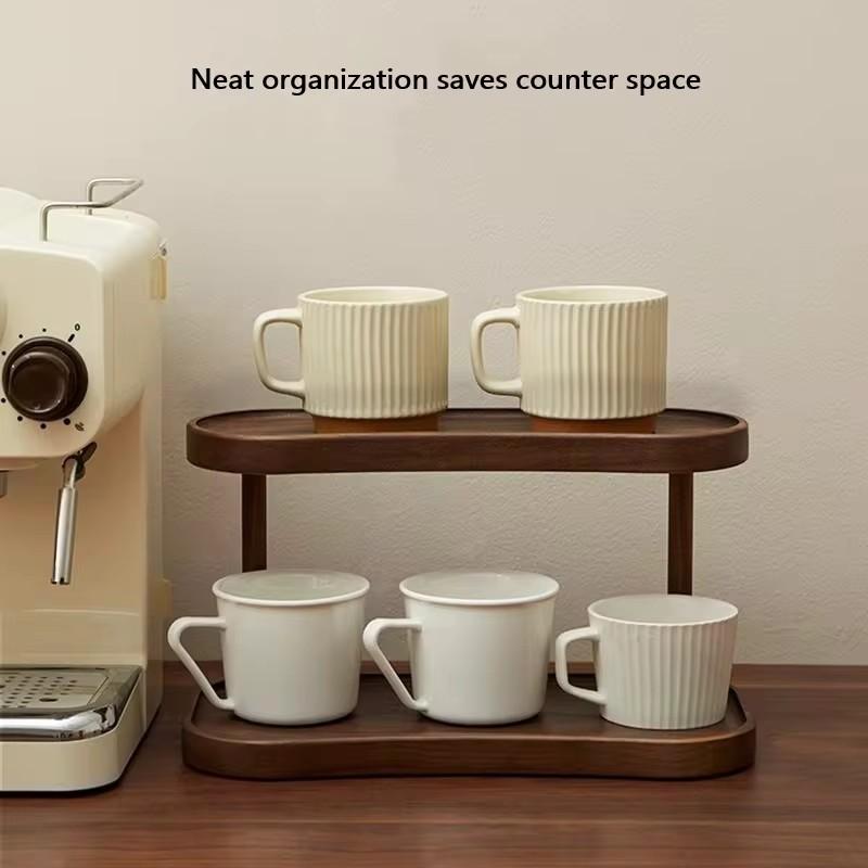 Compact Bamboo Cosmetic Organizer with Dual Shelves and Integrated Cup Holder for Kitchen or Coffee Mug Display