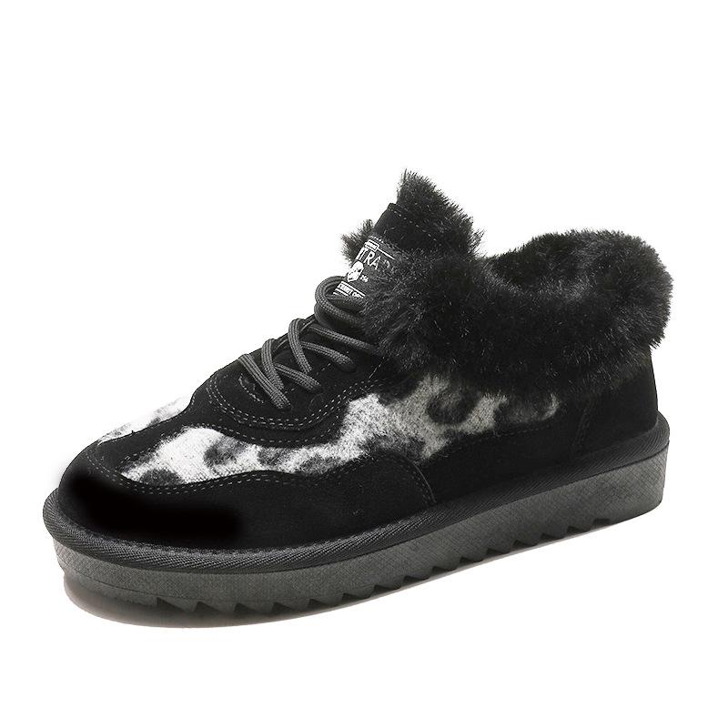 Women's Snow Boots New Autumn and Winter round-Toe Leopard Print Lace-up Furry Short Low-Cut Beige with Plush Winter Boots Cotton-Padded Shoes
