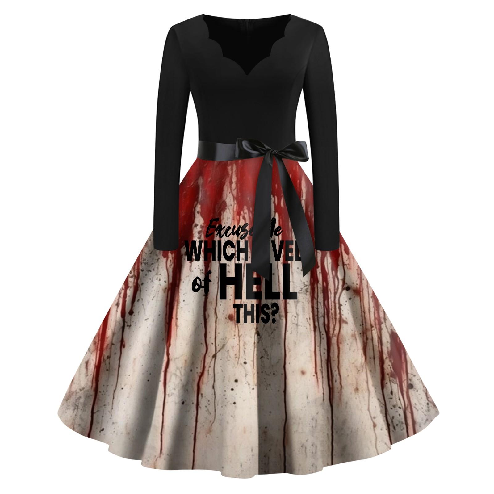 

Женское винтажное классическое платье с вырезом на талии и галстуком-бабочкой с длинными рукавами на Хэллоуин с принтом и V-образным вырезом, свободное платье XXL