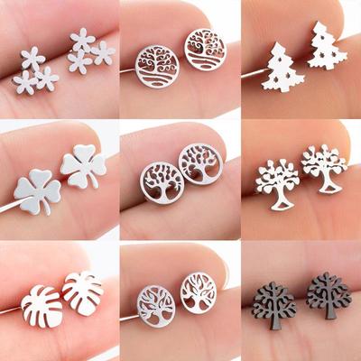 Korean Niche Design Four-Leaf Clover Earrings - Stainless Steel Christmas Tree Ear Studs with Exquisite Hollow Design