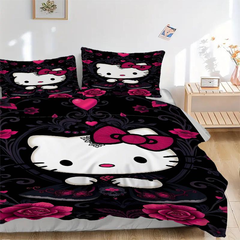 

3pcs Darkly Elegant Adventure Hello Kitty Quilt Cover Set - Soft & Comfortable Polyester Fabric, All-Season Breathable Comforter Set For 1 Quilt 135x200cm