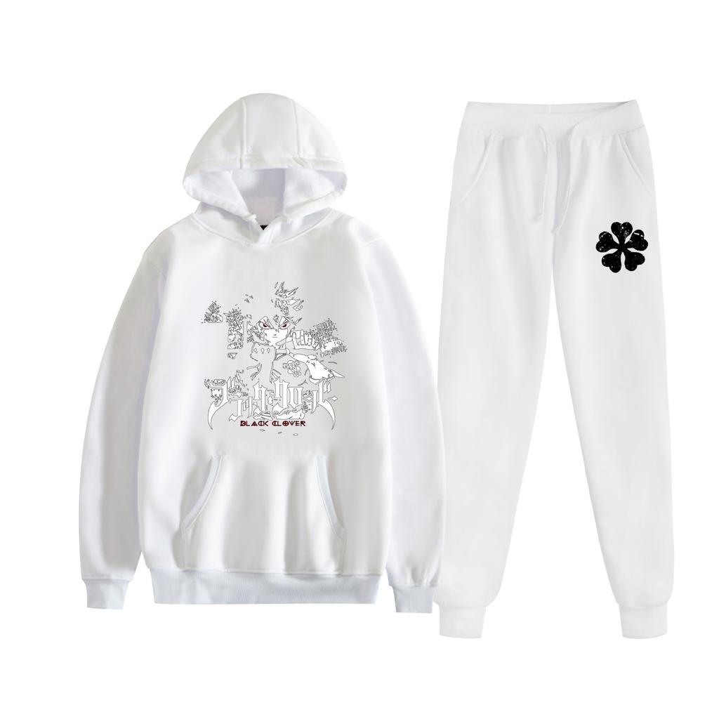 Europe, America, Autumn and Winter Black Four-leaf Clover Peripheral Two-dimensional Men's and Women's Leisure Sports Fleece Hooded Sweater Set 