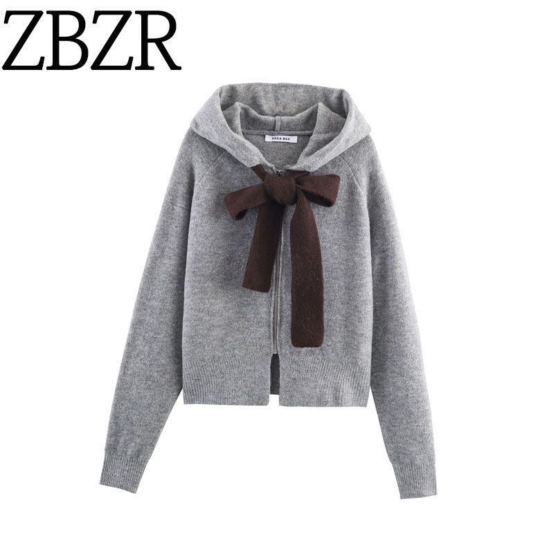 Za New Fall Women's Clothing 2025 Fashion Wind Bows Knitting Long Sleeve Hooded Jacket 5536129 809