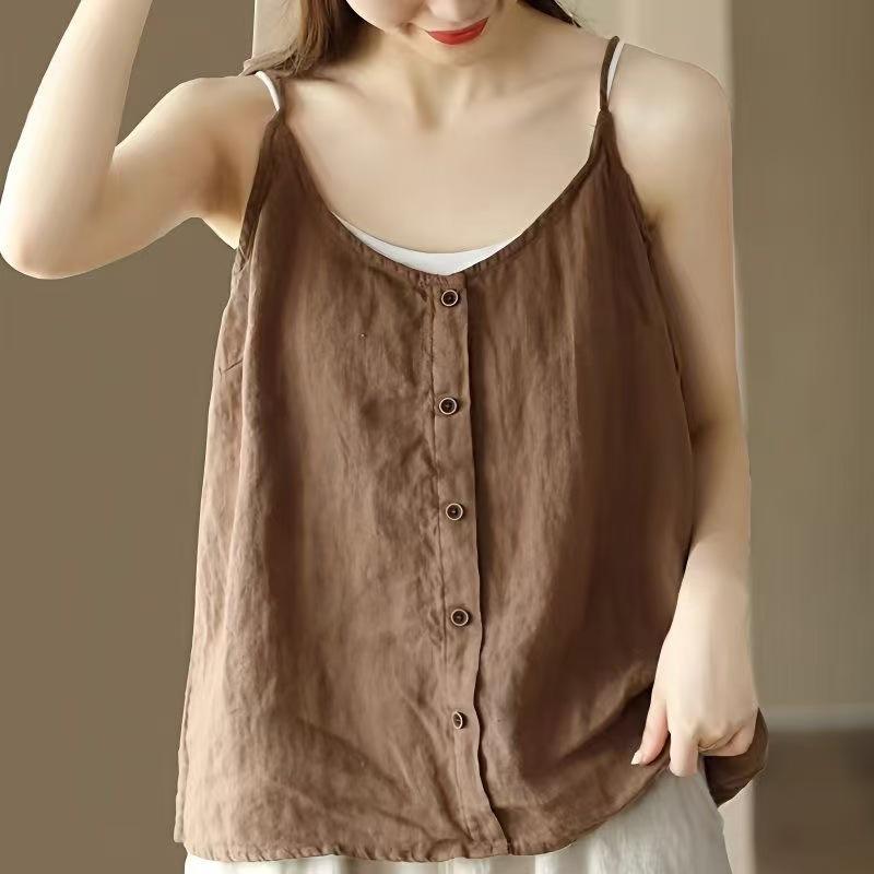 Women's Camisole Tank Top Vintage Artistic Button Decor Loose Linen Blend Cami Top