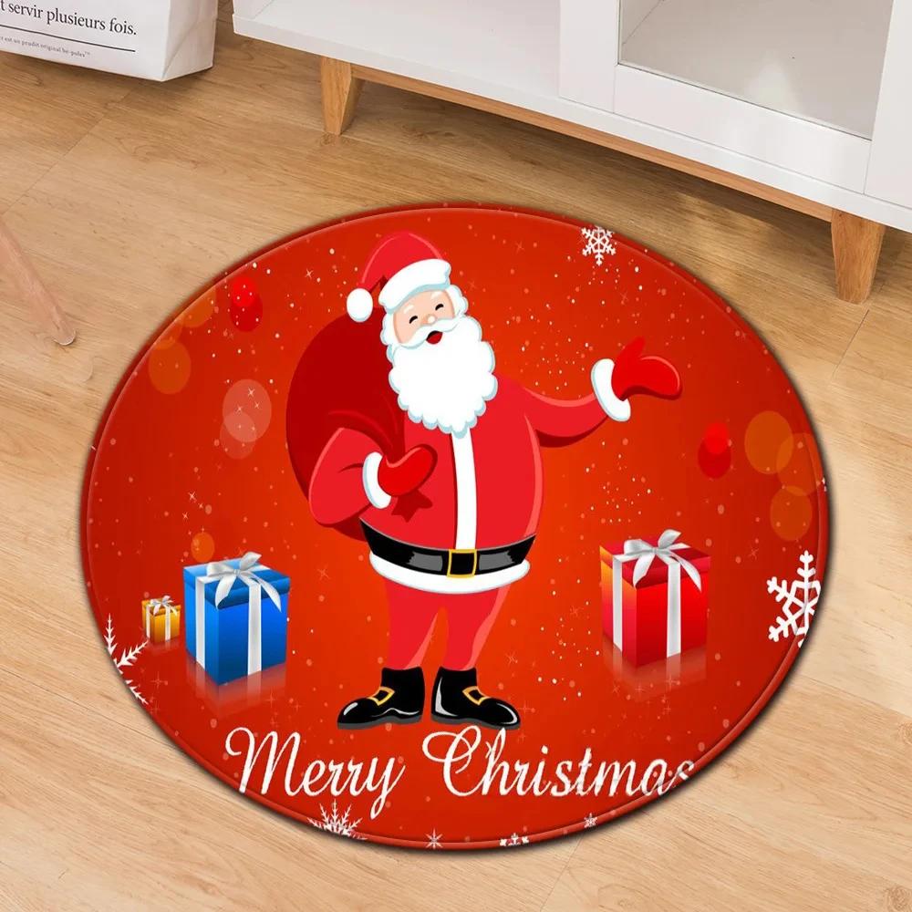 Santa Claus Round Carpet Christmas Theme Rug for Kids Teen New Year's Gift Living Room Bedroom Decor Anti-Slip Circle Floor Mat
