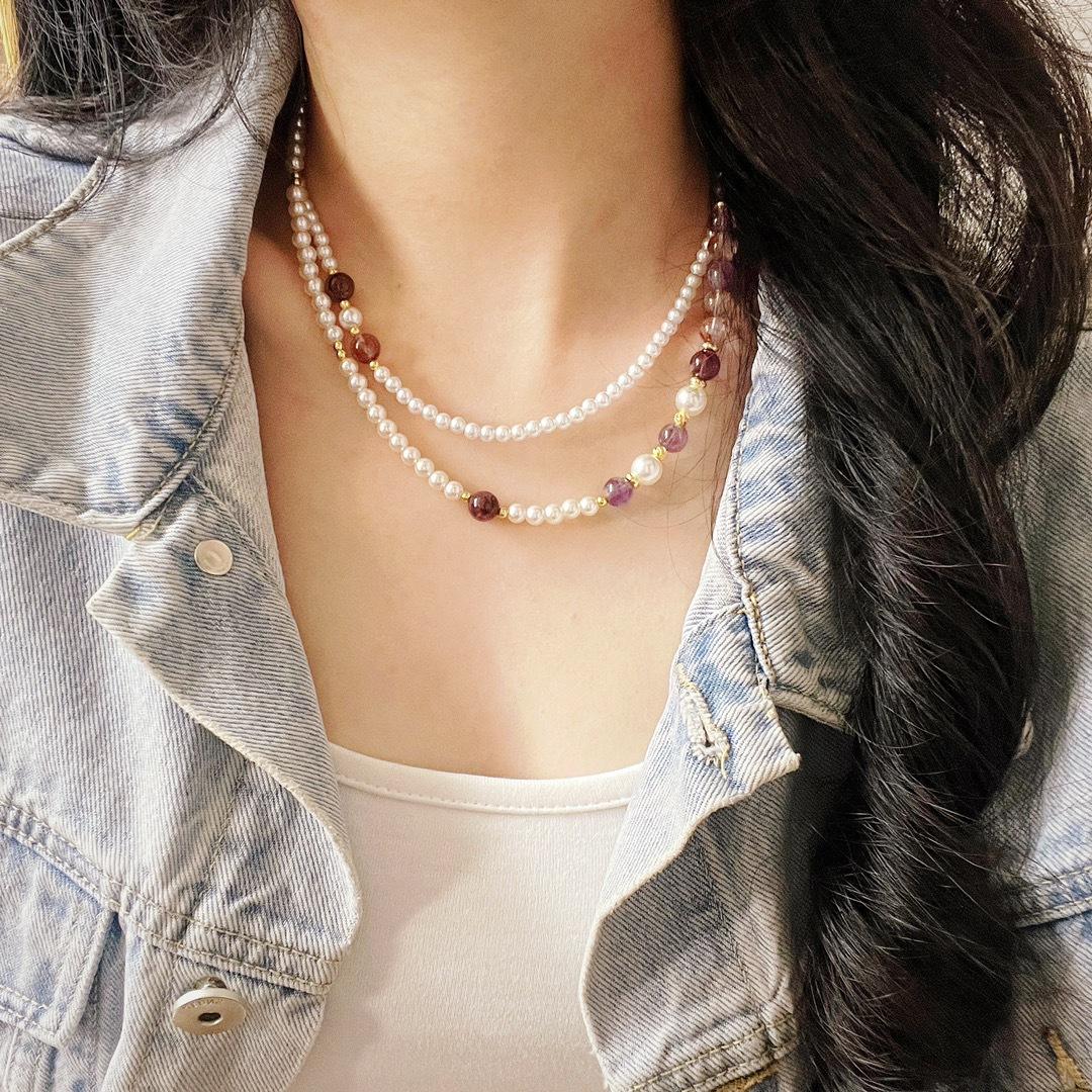 

High Quality Natural Purple Ghost Faux Crystal Pearl Double Necklace Clavicle Chain