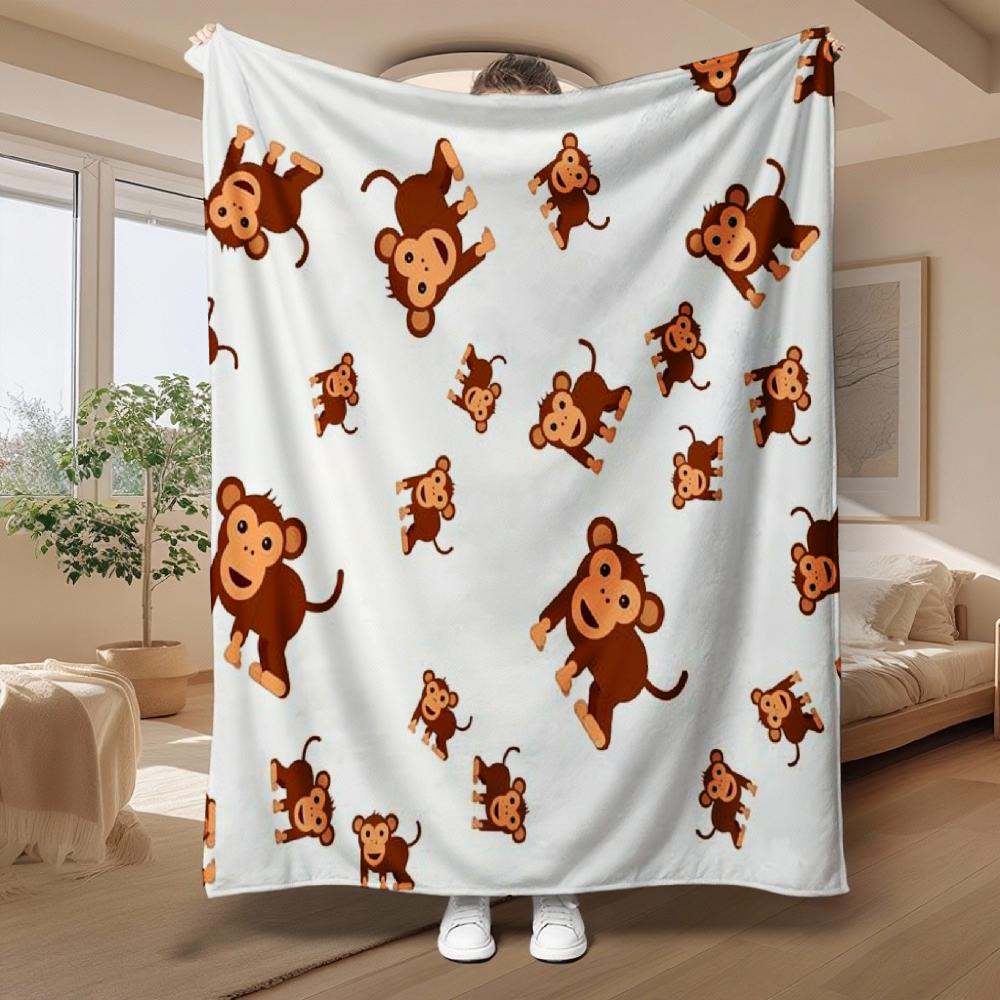 Playful Monkey Print Soft Fleece Blanket, Cute Cartoon Design, Ideal for Home Decor & Gifting, Cozy Multi-purpose Warm Throw