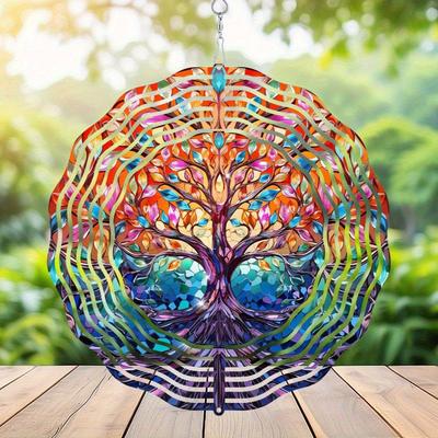 Carusel de Vânt Vibrant 2D Arborele Vieții - Artă de Grădină Acrilică Colorată cu Efect de Vitraliu, Design Dinamic prin Sublimare pentru Decorațiuni Interioare și Exterioare