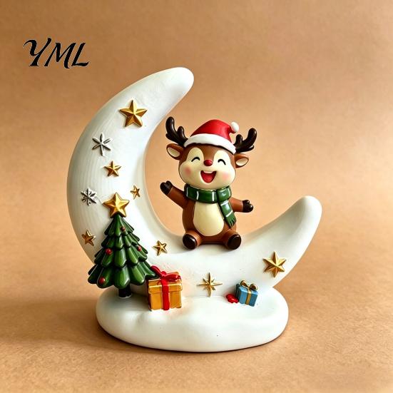 Holiday Party Supplies Christmas Moon Night Light with Santa Claus, Resin Decoration Warm LED Atmosphere Lighting Glow, Tabletop Ornament for