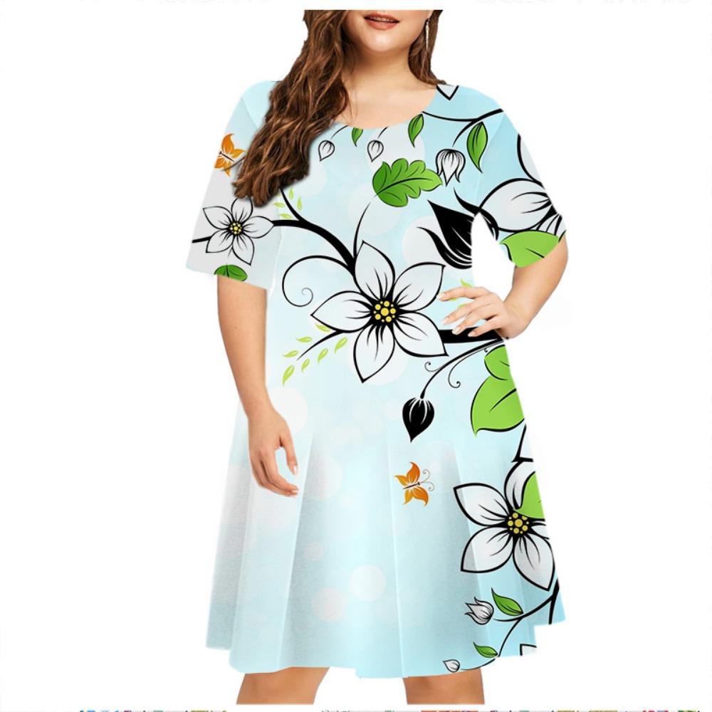 Casual Dress Summer Retro Flower Printed Loose Dress Women's Painting Short Sleeve Round Neck Mini Dress Women's Dress