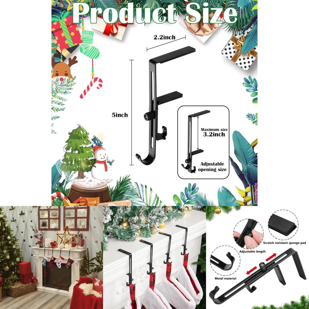 Christmas Sock Holder With Adjustable Non Slip Metal Hooks For Fireplace Decor