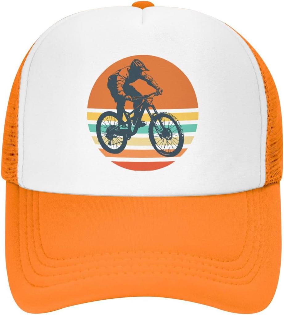 Mountain Biking Sunset Graphic Trucker Hat Polyester Outdoor Adjustable Snapback Cap for Men Women