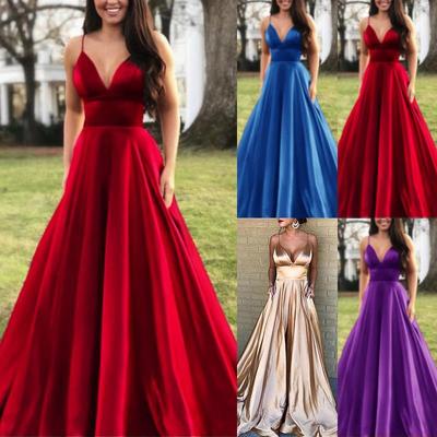 Fashion Women's Sexy V-neck Solid Color Dress Strap Evening Dress