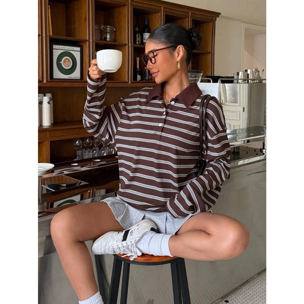 Fall Winter Women's Striped Button Polo Neck Casual Sweatshirt, European American Style Crossbody New Arrival