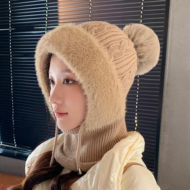New Velvet Thick One-piece Hat Women's Winter Scarf Integrated Knitted Hat Outdoor Wind and Cold Warm Cycling Ear Hat