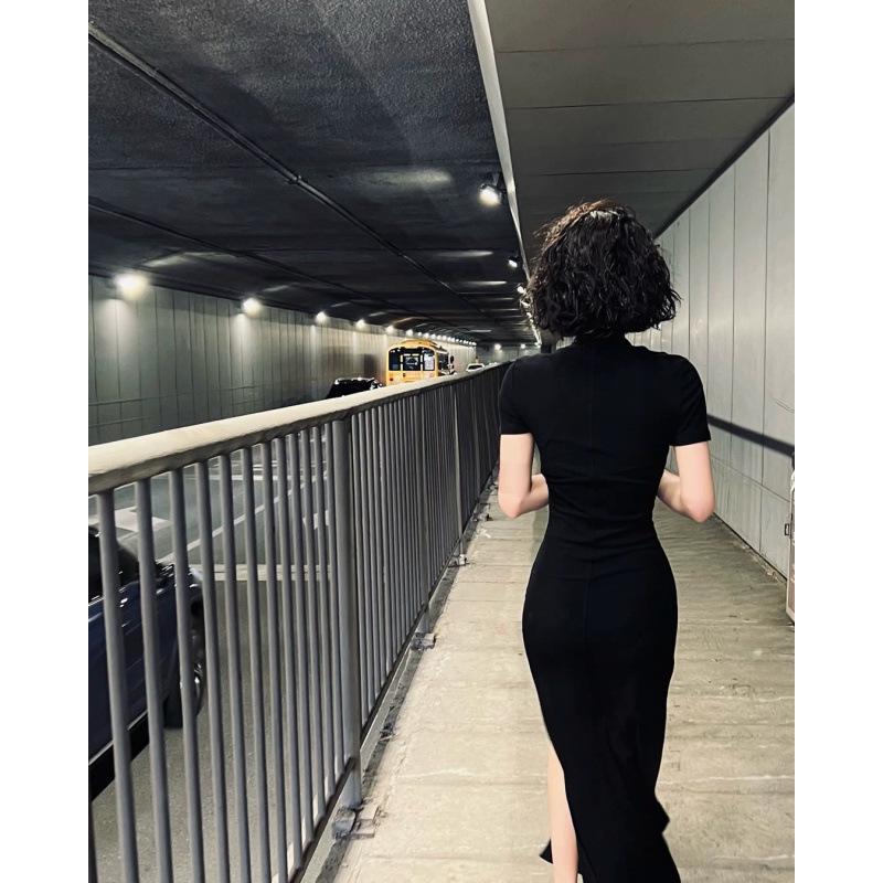 Temperament Light Mature Short-sleeved Thin Dress Skirt Summer New Slim-fitting Split-ended Tight Long Dress Pure Desire Style