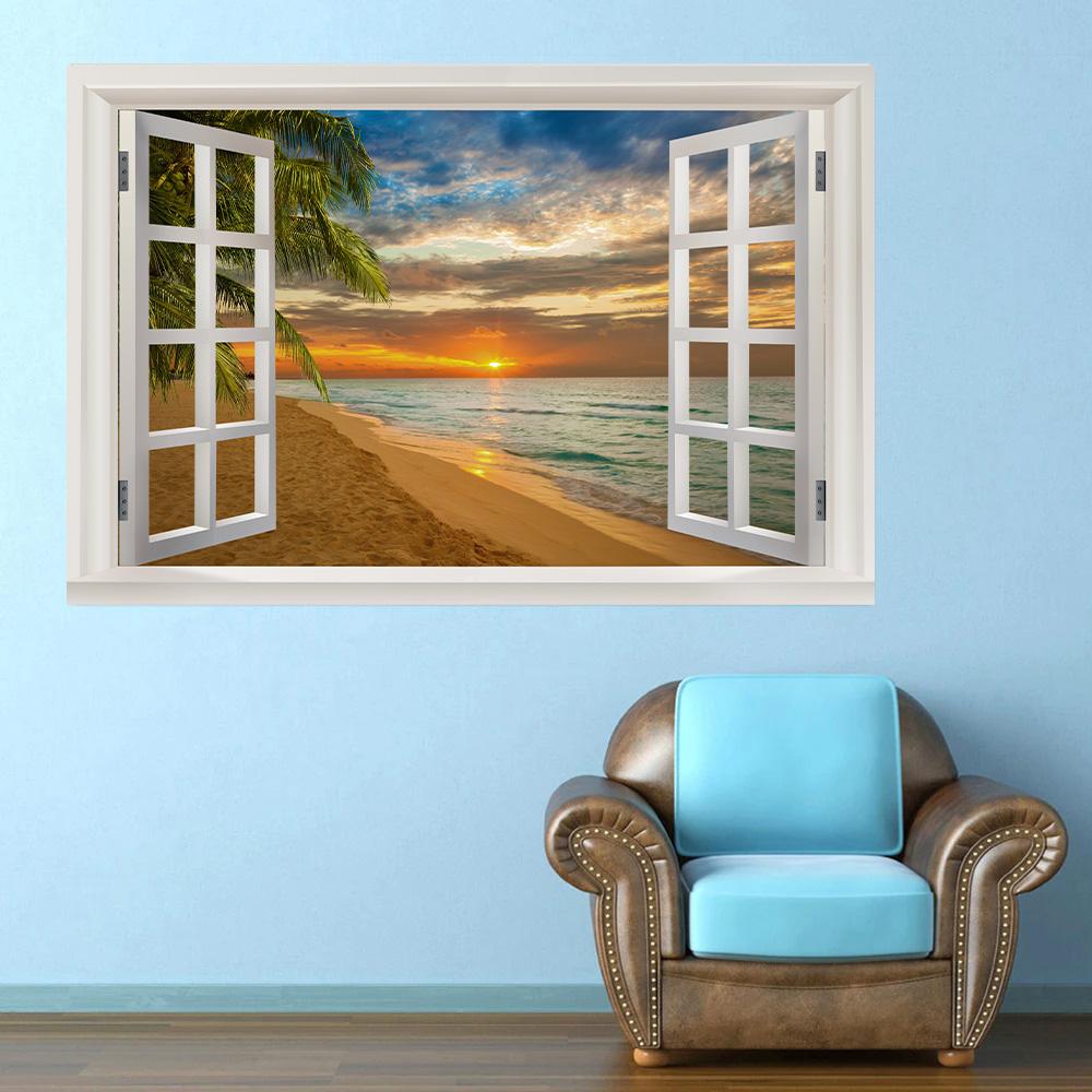 3D Window View Wall Art Beach Summer Beach Coconut Tree Wall Murals Print Art Canvas Poster For Living Room Pictur