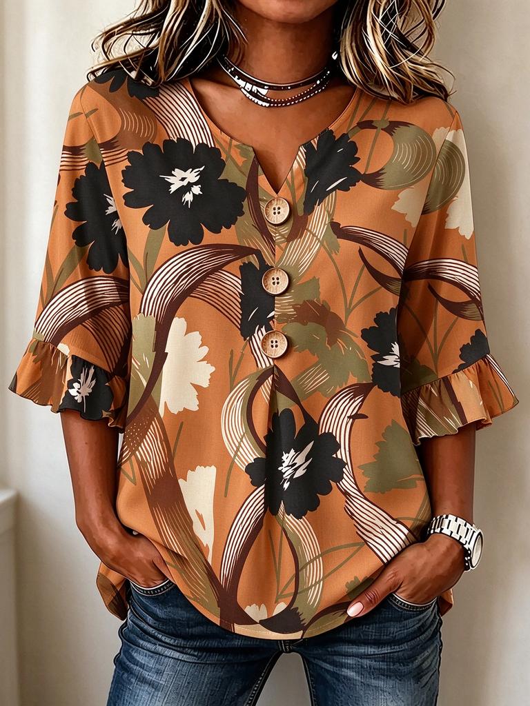 Women's Floral Print V-Neck Button Front Blouse, 3/4 Ruffle Sleeve Casual Top for Daily Wear, Office, Vacation & Weekend Outings