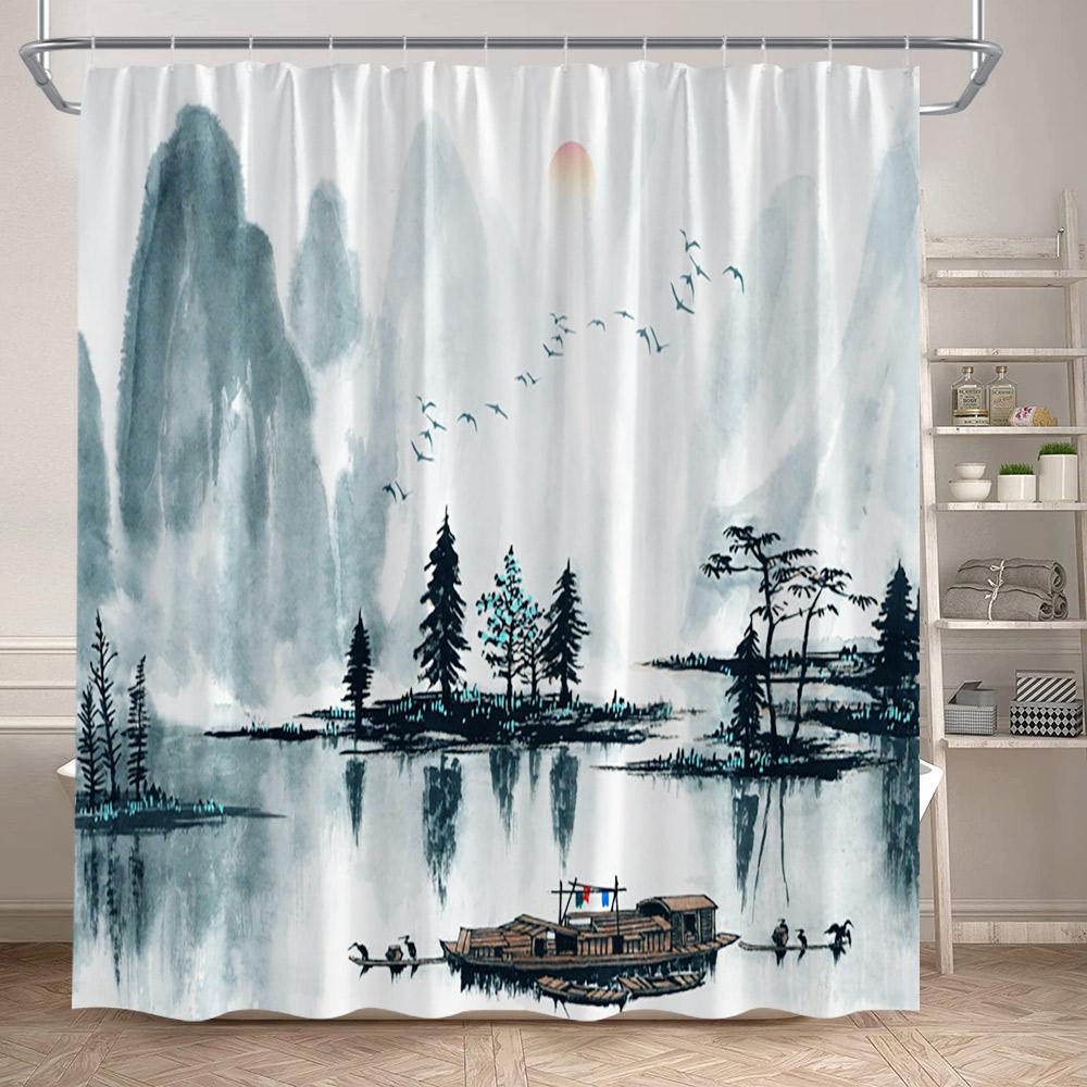 Ink Landscape Shower Curtain Black Bamboo Bird Abstract Mountain Water Chinese Style Bath Curtain Waterproof Home Bathroom Decor