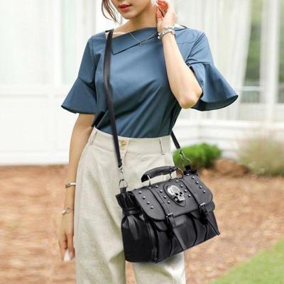 Bolso de Mano para Mujer Gran Capacidad Alta Calidad Calavera Remaches Cruzado Estilo Hiphop Punk Moda Hombro Bolsos de Viaje