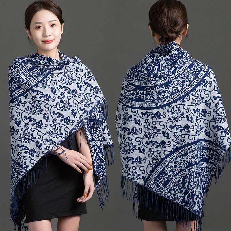 Ethnic Style Blue White Porcelain Faux Cashmere Scarf For Women Winter Autumn Travel Gift
