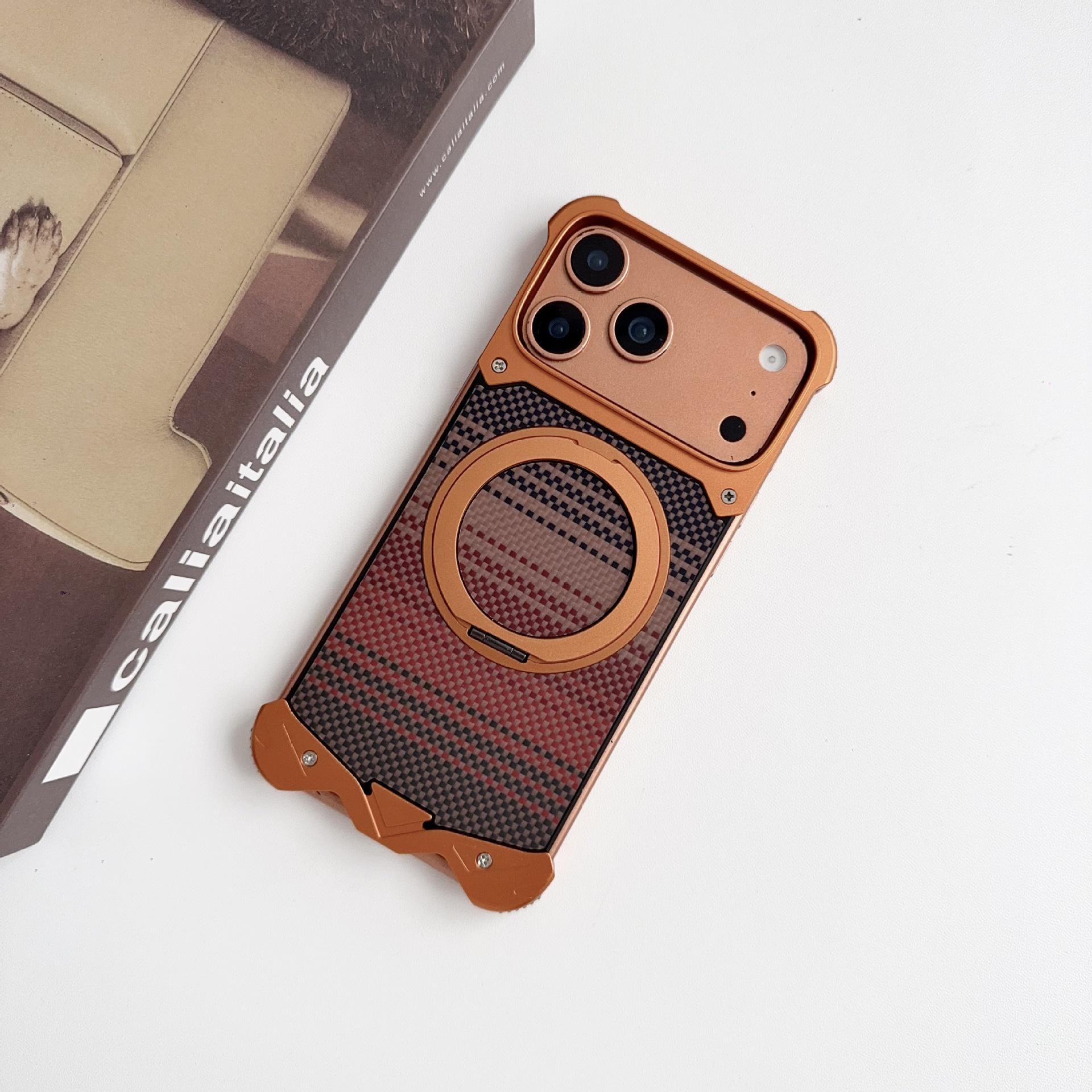 Apple 17 Promax Carbon Fiber Texture Magnetic Stand Drop-proof Phone Case iPhone 17 Pro Max оранжевый