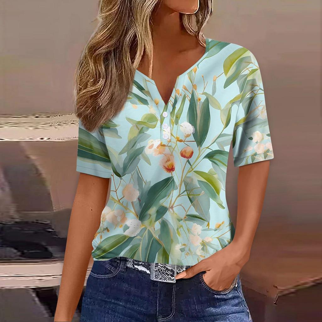 Women's T Shirt Print Button Short Sleeve Daily Weekend Fashion Basic V-Neck Regular Top