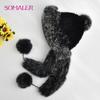 SOMALER Knit Real Mink Fur Hats for Winter Women Weave Fur Cap with Fox Fur Pompom Fox Fur Brim Luxury Female Knitted Beanies
