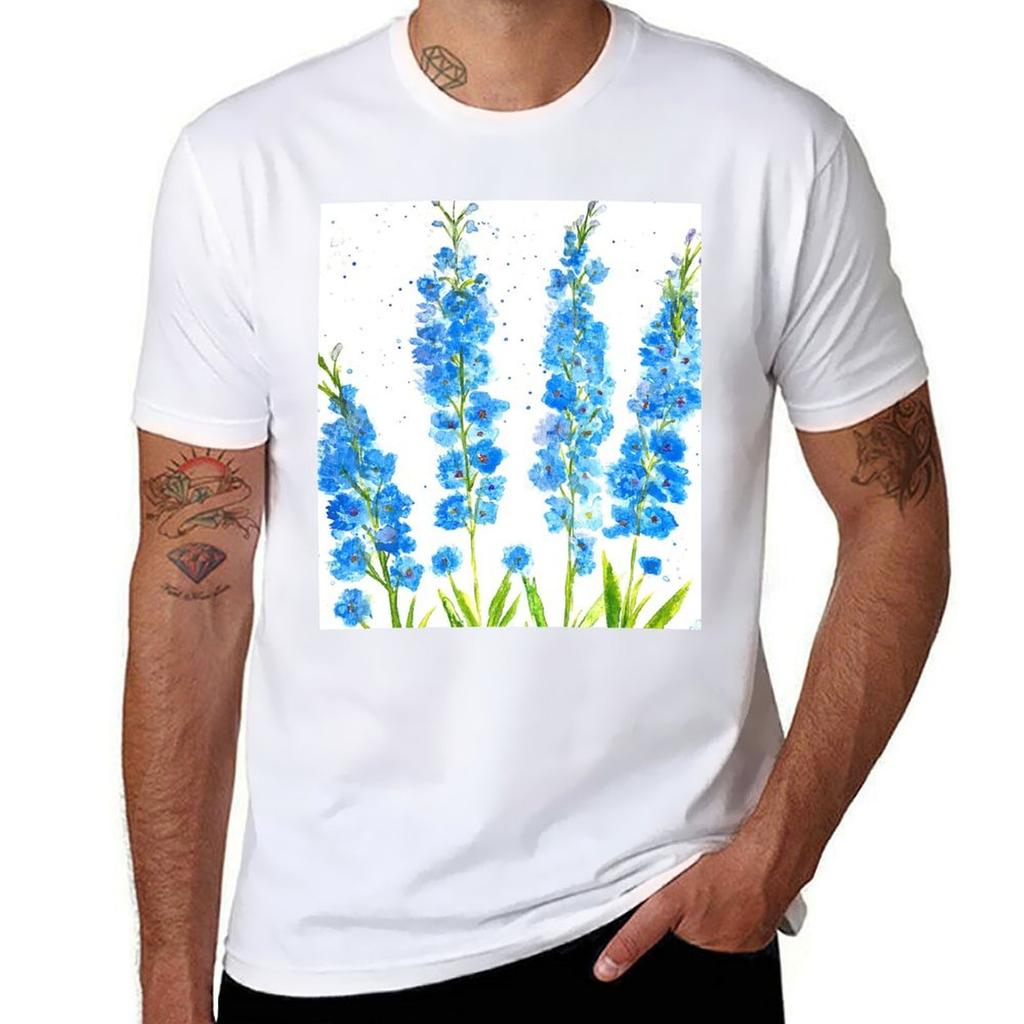 Blue Delphinium Flowers Watercolor Tshirt Daily Casual Short Sleeve Tee Shirt