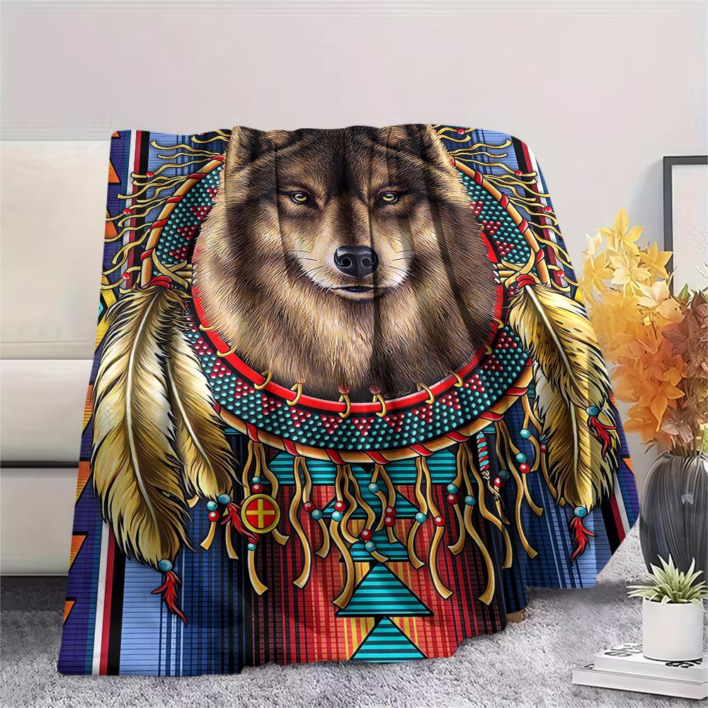 1Pc Natvie Wolf Print Flannel Blanket, High quality Comfortable for All Seasons, Home Decor, Warmth and Comfort, Perfect for Christmas Gifts