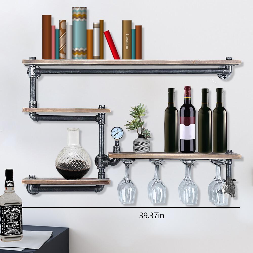 Wall Mounted Wine Rack Shelves, 4 Tier Wine Glass Holder Rack, Sturdy Metal Storage Organizer, Hanging Shelving for Kitchen